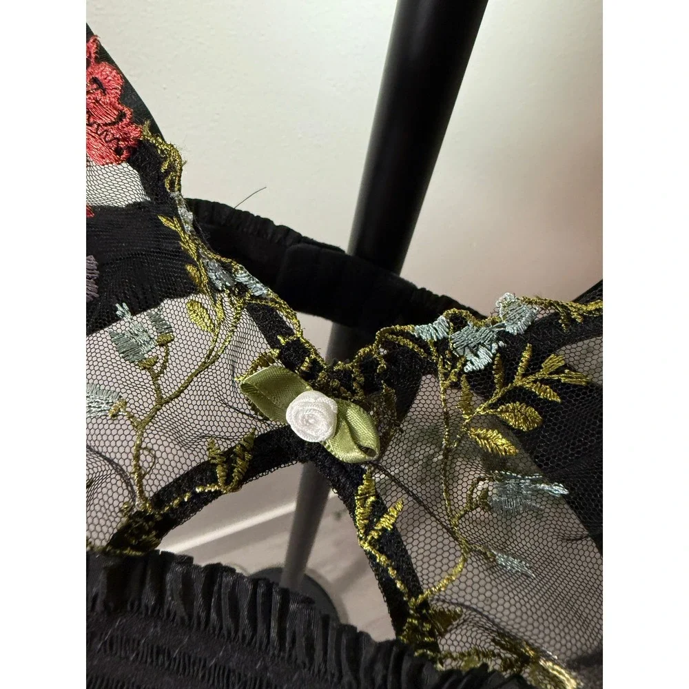 Anthropologie‎ Sheer Floral Embroidered Bralette Black Mesh Rosette Small NWT